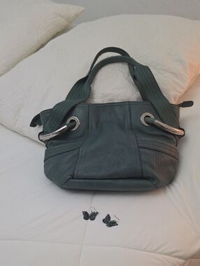 B. Makowsky Dark Teal Or Sage Slate Blue Green Leather Medium Tote